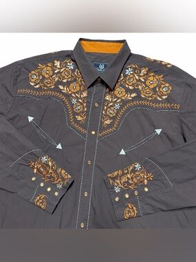 Salvaje Oeste Saddle Brown Western Floral Embroidered Pearl Snap 2XL Cowboy